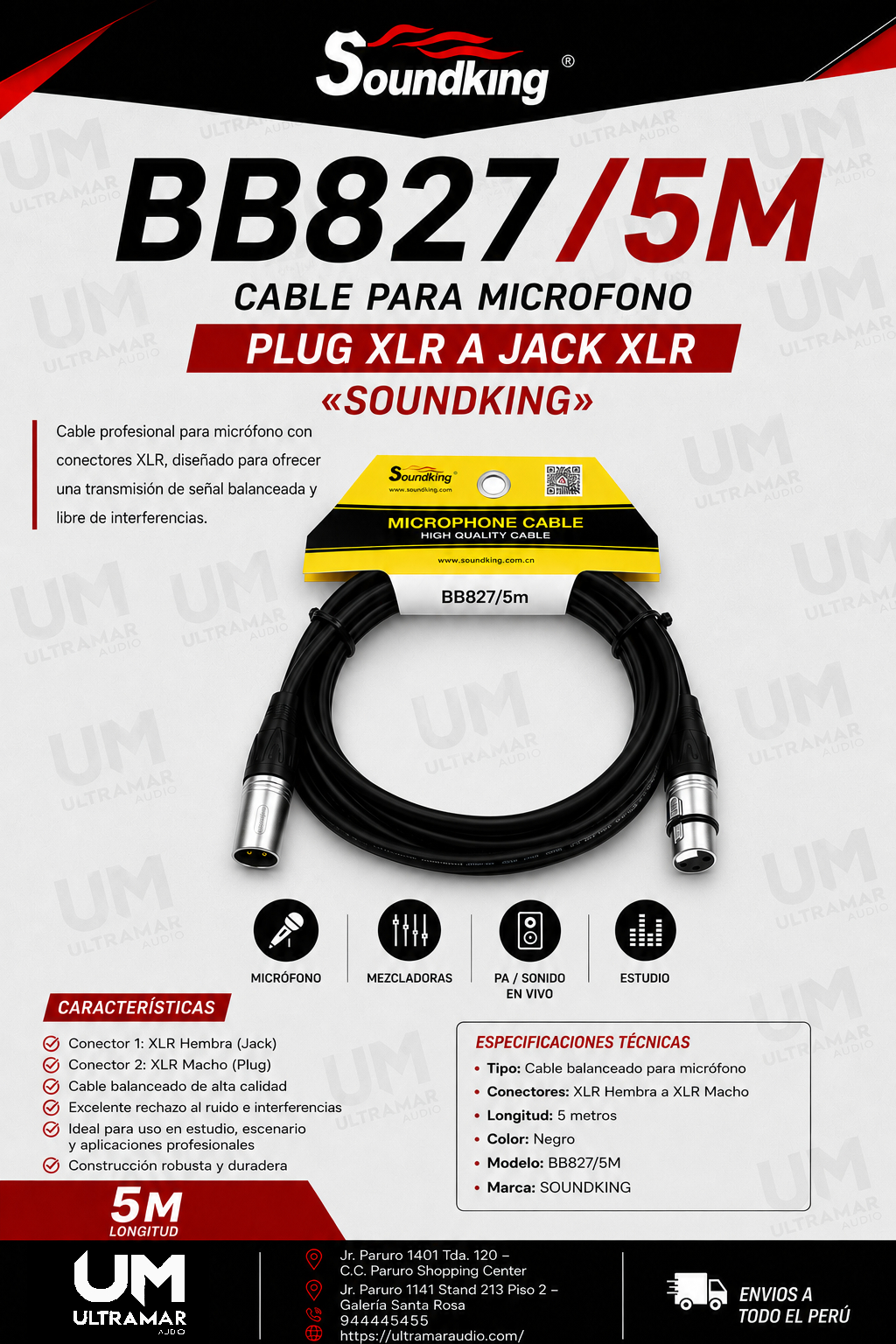 Soundking BB827/5M – Cable para Micrófono Plug XLR a Jack XLR 5M