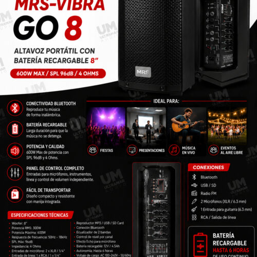 MRS-VIBRA GO 8 – Altavoz Portátil con Batería Recargable de 8"