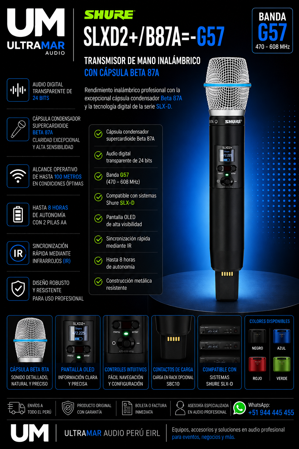 Shure SLXD2+/B87A=-G57 Transmisor Inalámbrico Beta 87A