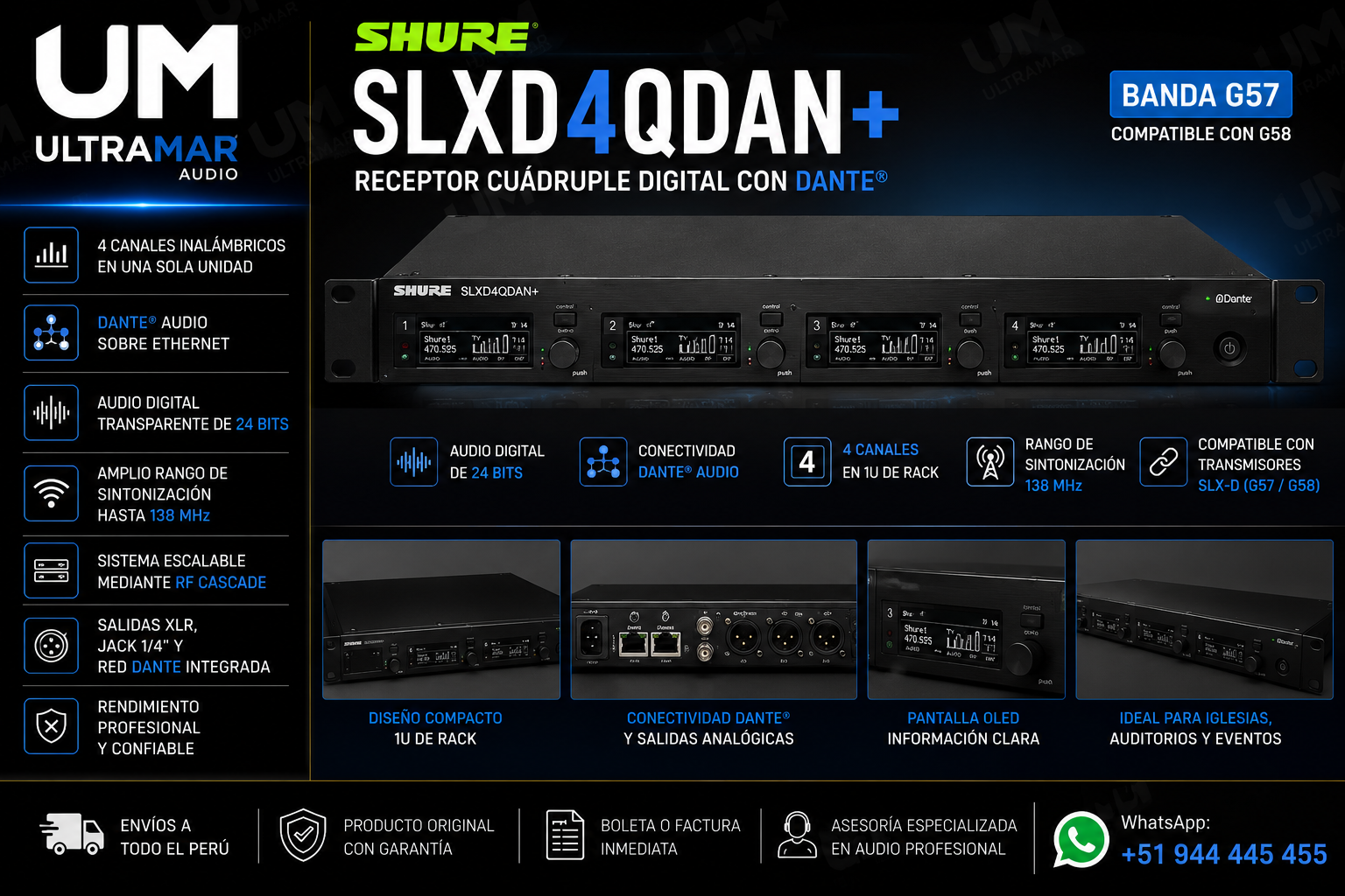 Shure SLXD4QDAN+ Receptor Cuádruple Dante Banda G57