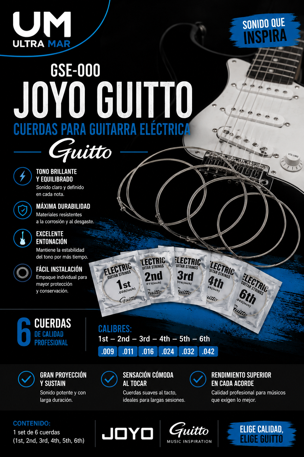 Cuerdas para guitarra electrica JOYO GUITTO GSE-009