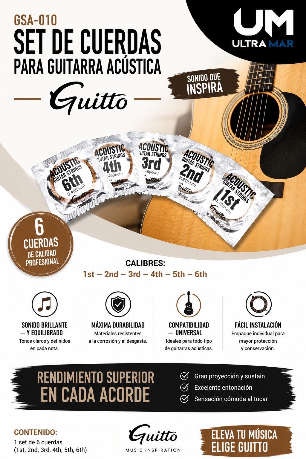 GSA-010 SET DE CUERDAS PARA GUITARRA ACUSTICA JOYO GUITTO