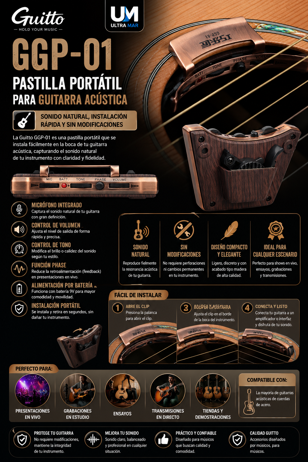Pastilla Portátil para Guitarra Acústica GGP-01 GUITTO