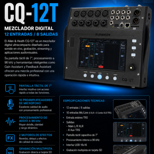 Allen & Heath CQ-12T – Mezclador Digital Inteligente de 12 Entradas y 8 Salidas con Pantalla Táctil
