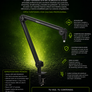 Gator Frameworks GFW-MIC-BCBM2000 Brazo Articulado para Micrófono de Transmisión Montado en Escritorio