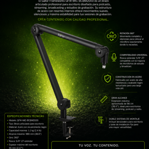 Gator Frameworks GFW-MIC-BCBM2000 Brazo Articulado para Micrófono de Transmisión Montado en Escritorio