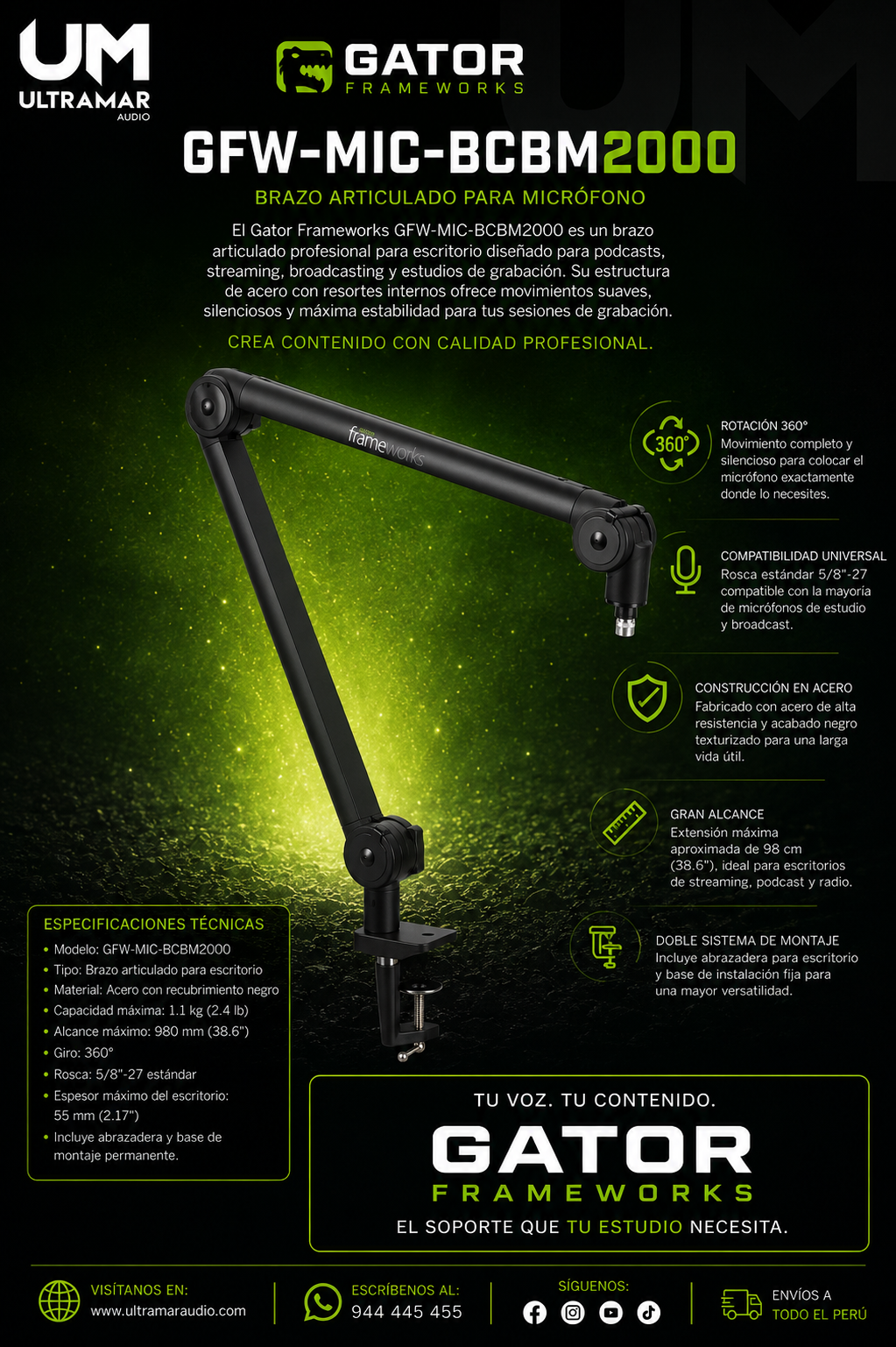 Gator Frameworks GFW-MIC-BCBM2000 Brazo Articulado para Micrófono de Transmisión Montado en Escritorio