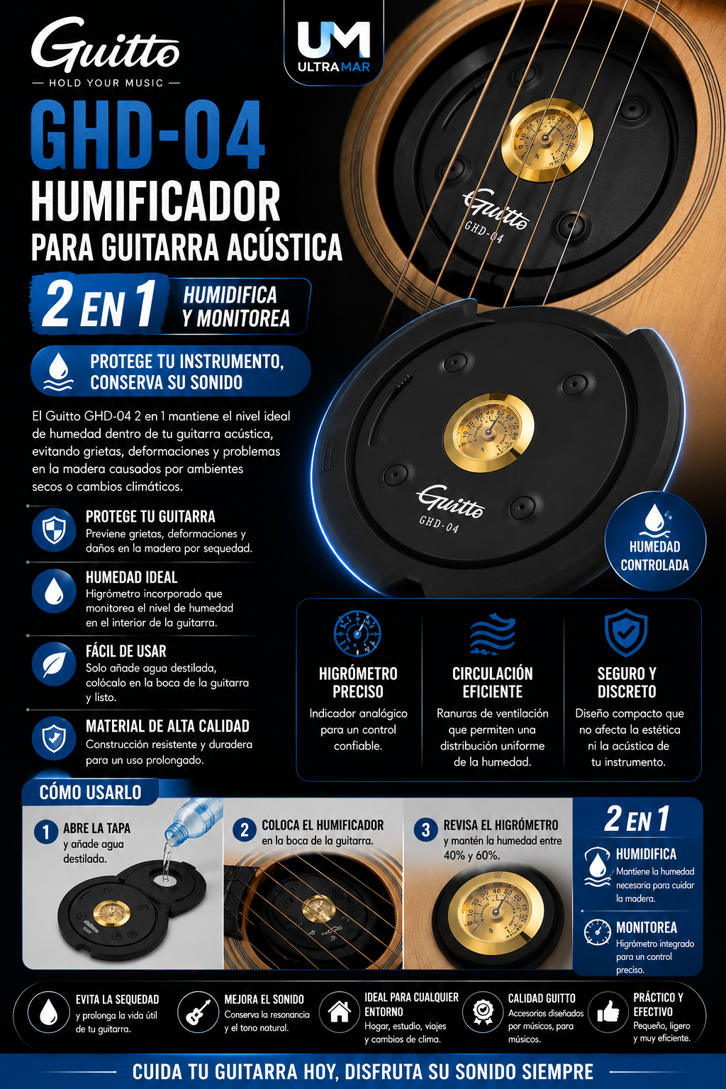 GHD-04 HUMIFICADOR DE GUITARRA ACUSTICA 2 EN 1