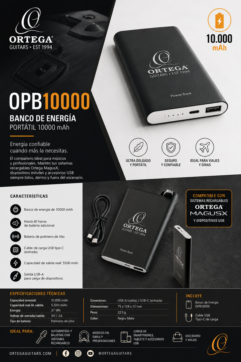 Banco de Energía Portátil 10000 mAh OPB10000 | Ortega