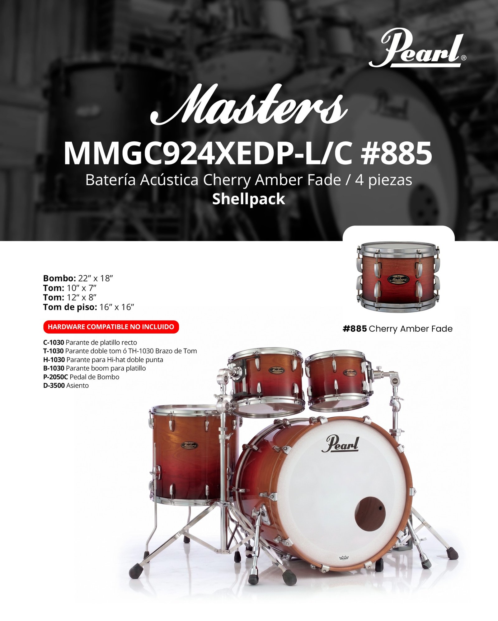 Bateria acustica Cherry amber fade / 4 piezas SHELLPACK MMGC924XEDP-L/C #885 PEARL