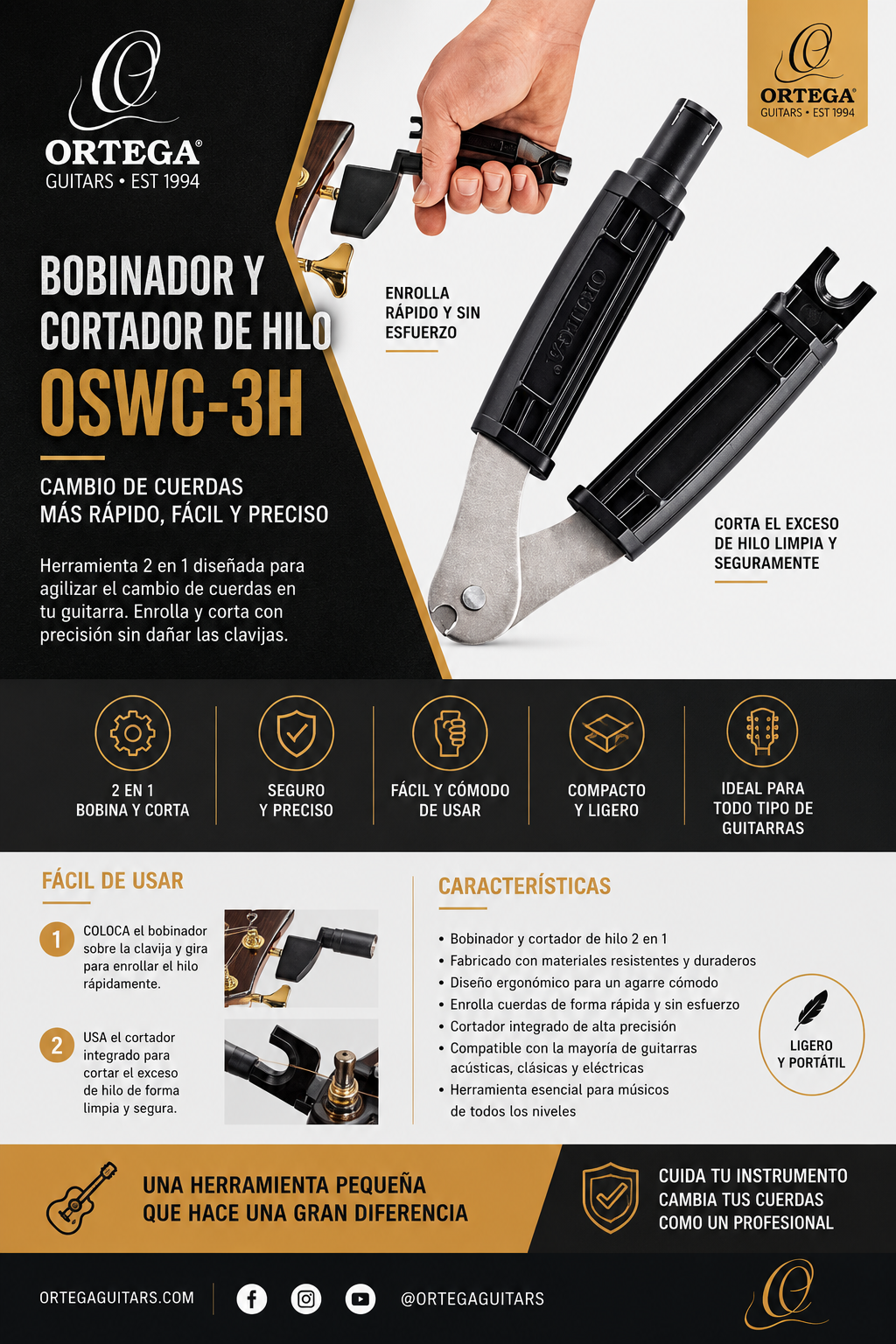 Bobinador y Cortador de Hilo para Guitarra OSWC-3H | Ortega