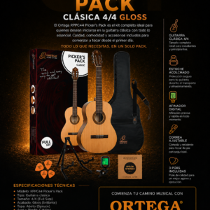 Ortega RPPC44 Picker’s Pack Guitarra Clásica 4/4 Gloss (Incluye Estuche, Correa, Afinador, Soporte y Púas)
