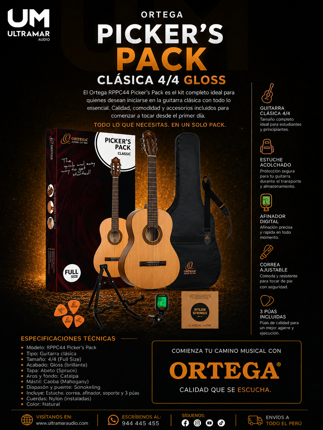 Ortega RPPC44 Picker’s Pack Guitarra Clásica 4/4 Gloss (Incluye Estuche, Correa, Afinador, Soporte y Púas)