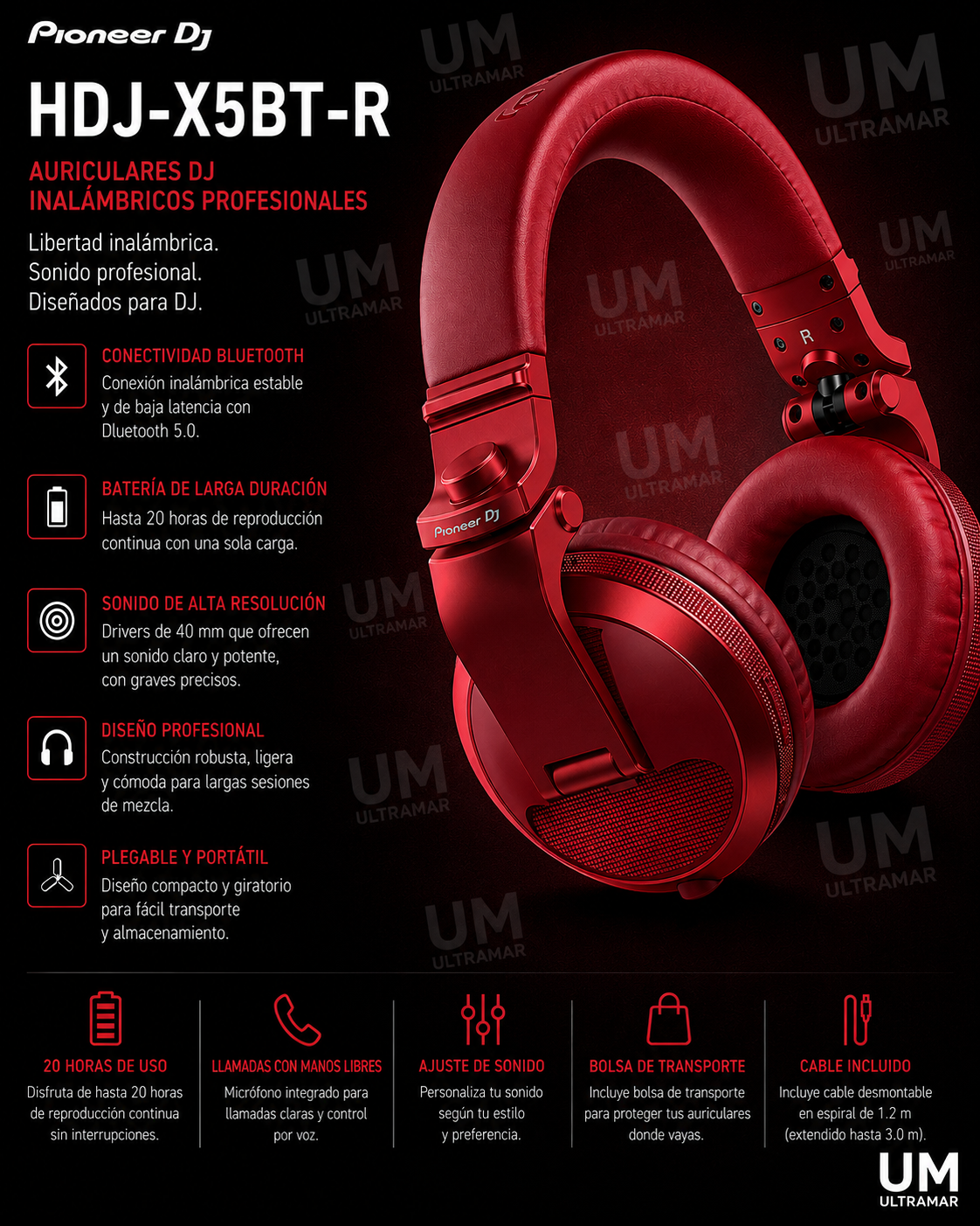 Pioneer DJ HDJ-X5BT-R Auriculares Profesionales Bluetooth para DJ