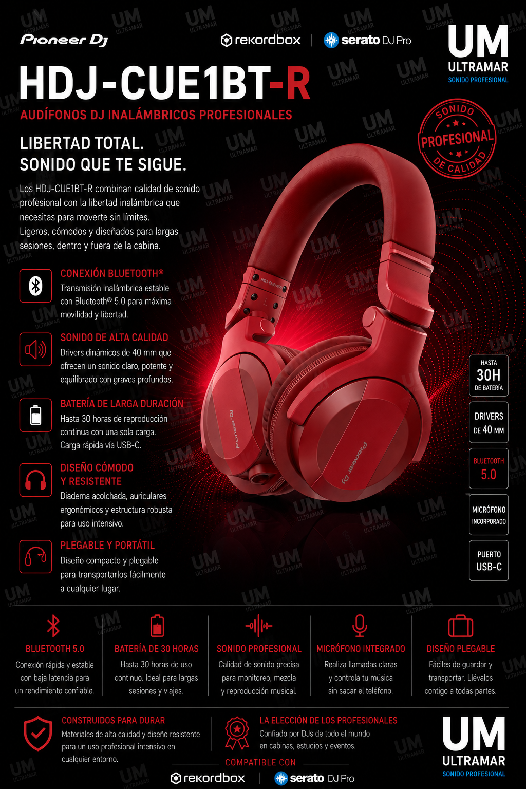 Pioneer DJ HDJ-CUE1BT-R Audífonos DJ
