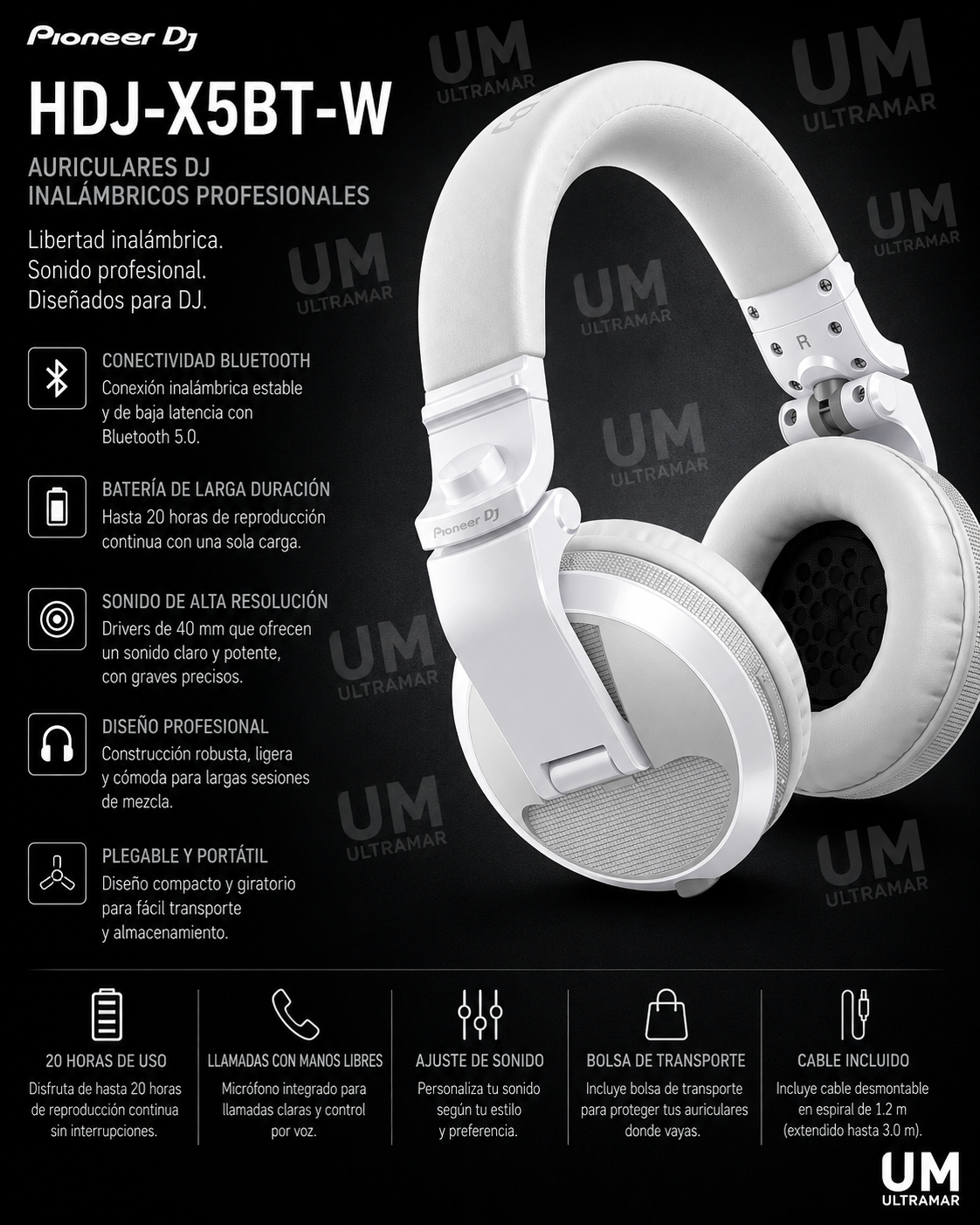 Pioneer DJ HDJ-X5BT-W Auriculares Profesionales Bluetooth para DJ