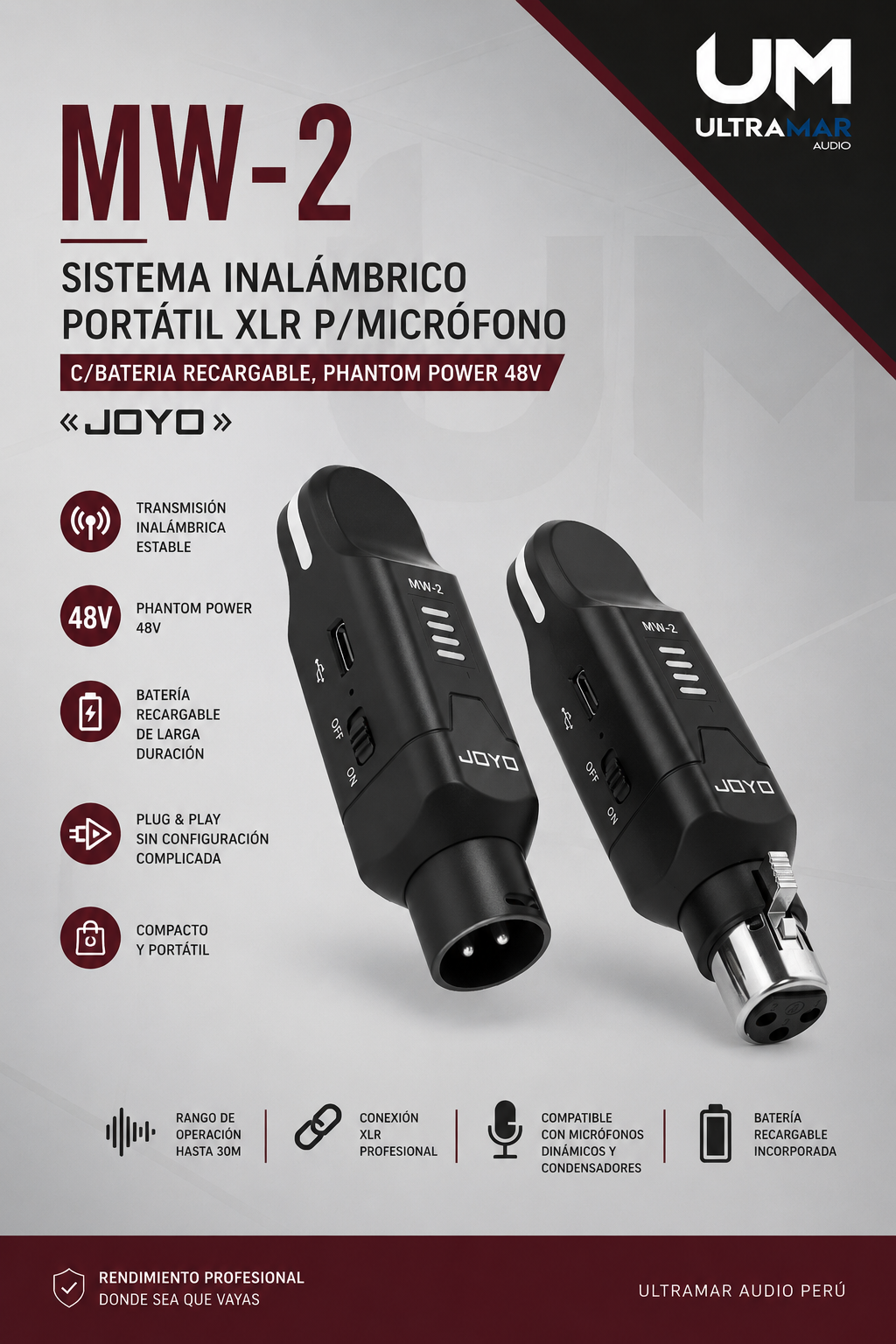 JOYO MW-2 Sistema Inalámbrico para Guitarra y Bajo con Batería Recargable - Imagen 3