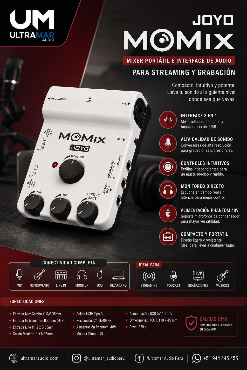 JOYO MOMIX Mixer Portátil e Interface de Audio - Imagen 4