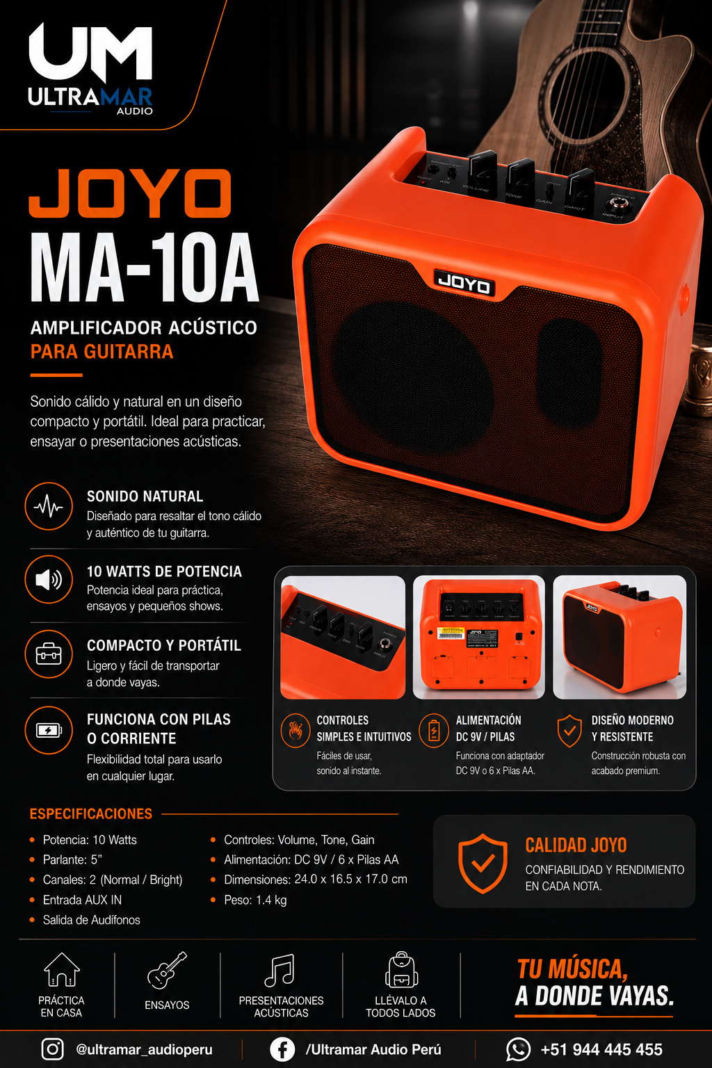 JOYO MA-10A Amplificador Portátil para Guitarra Acústica 10W con Ecualizador de 2 Bandas