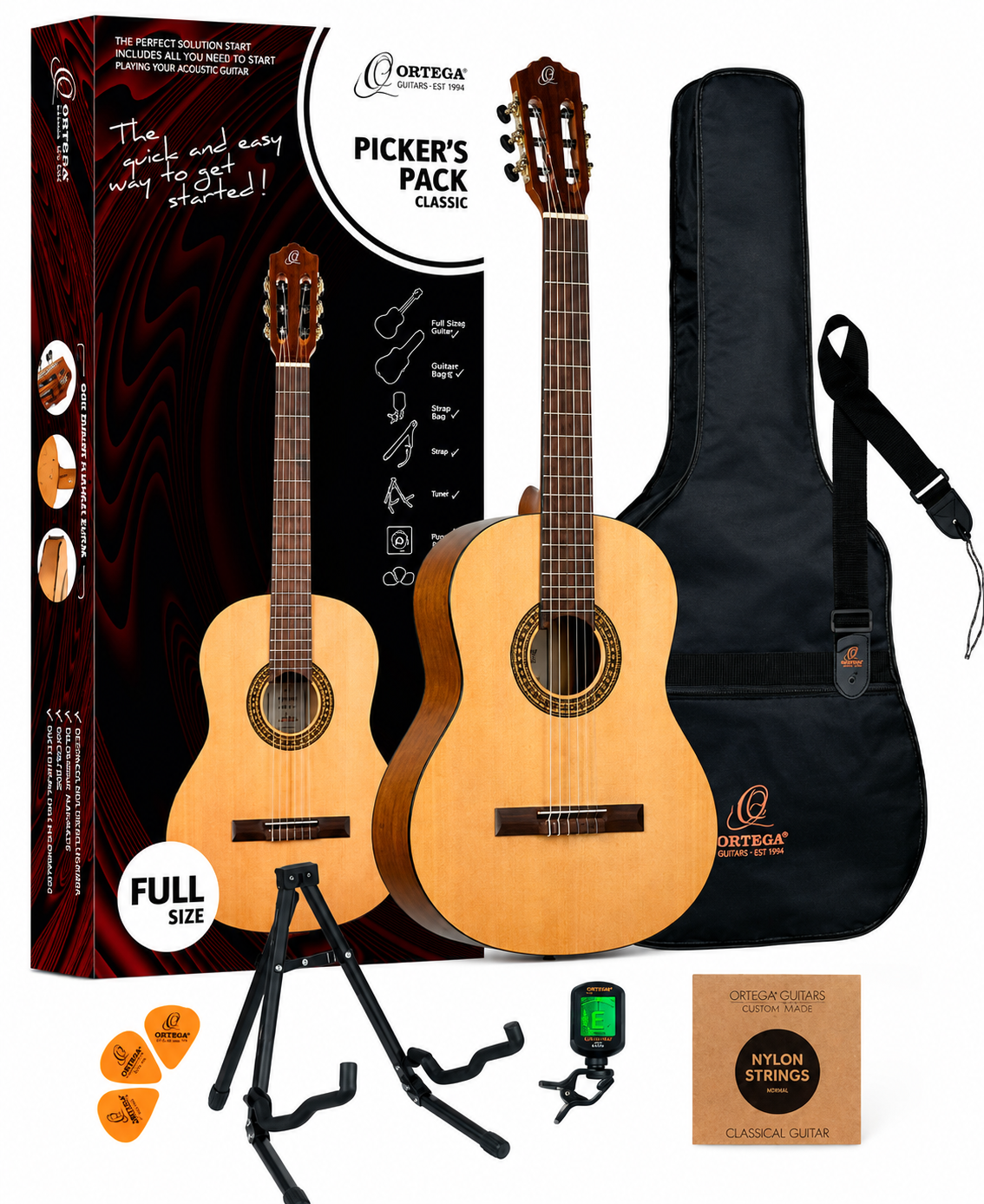 Ortega RPPC44 Picker’s Pack Guitarra Clásica 4/4 Gloss (Incluye Estuche, Correa, Afinador, Soporte y Púas) - Imagen 2