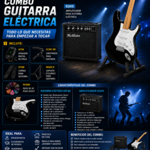COMBO GUITARRA ELÉCTRICA STN-BK MCALLISTER + AMPLIFICADOR + ACCESORIOS