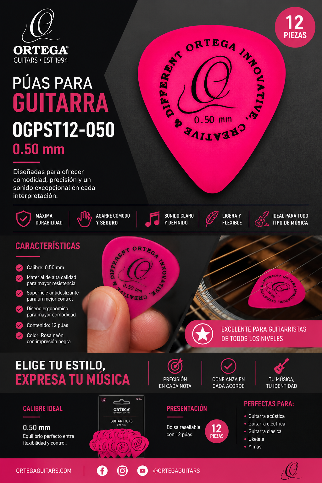 Púas para Guitarra 0.50 mm OGPST12-050 | Ortega