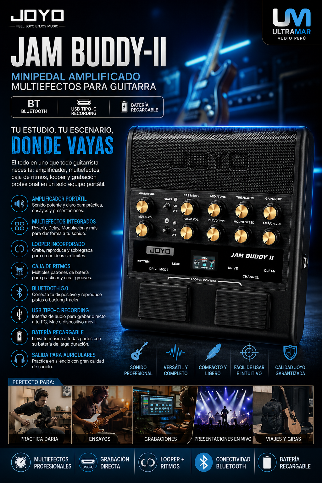 Minipedal Amplificado Multiefectos para Guitarra JAM BUDDY-II JOYO