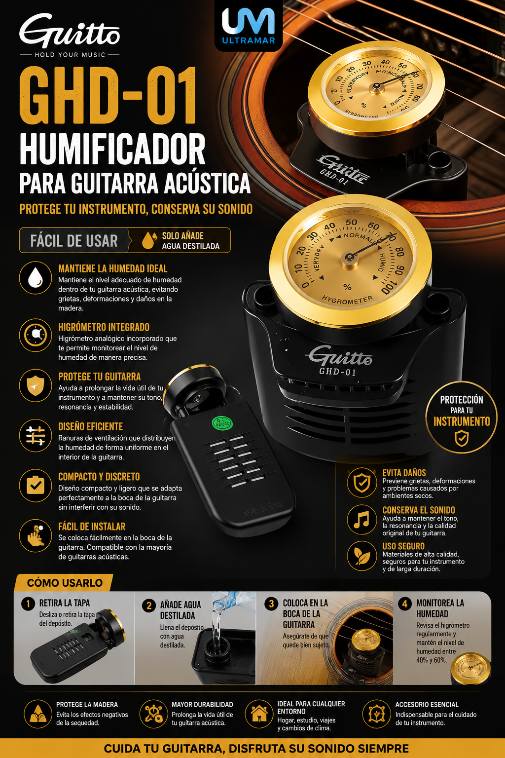 Humidificador para Guitarra Acústica GHD-01 GUITTO