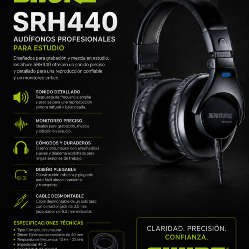 Shure SRH440 – Audífonos Profesionales de Diadema Cerrada para Estudio y Monitoreo