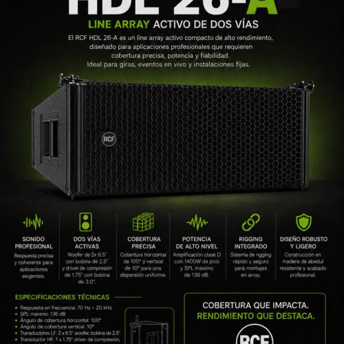 RCF HDL 26-A – Módulo Line Array Activo de Dos Vías Profesional con Control RDNet