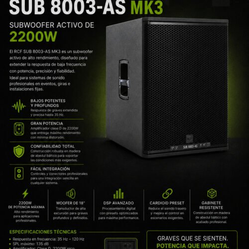 RCF SUB 8003-AS MK3 – Subwoofer Activo Profesional de 18" y 2200W