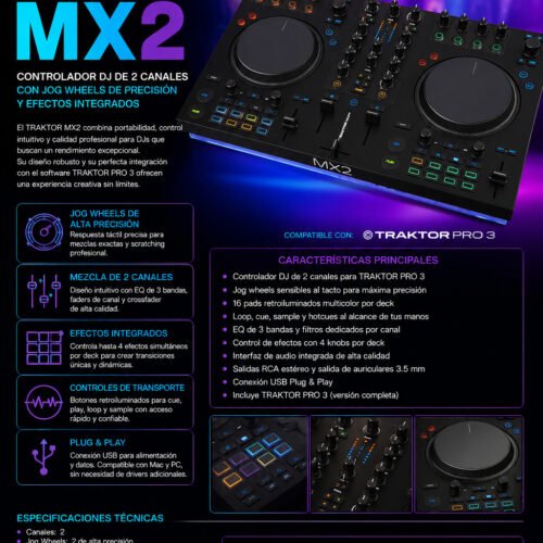Native Instruments TRAKTOR MX2 – Controlador DJ Profesional de 2 Canales con Jog Wheels de Precisión y Efectos Integrados