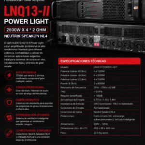 L&N-AUDIO LNQ13-II POWER LIGHT – Amplificador de Potencia Profesional de 4 Canales (2500W x 4 @ 2 Ω)