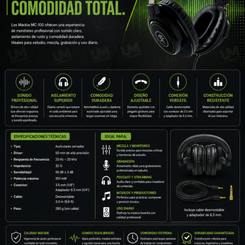 Mackie MC-100 Auriculares Profesionales Cerrados