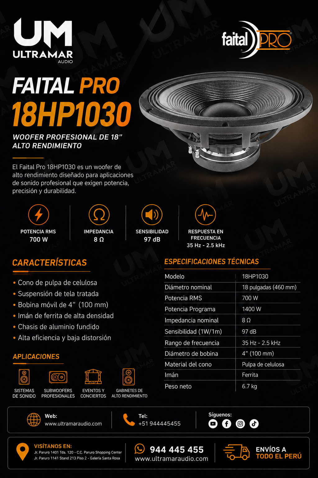 FAITAL PRO 18HP1030 – Subwoofer Profesional de Neodimio 18″ (1200W AES)