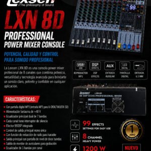 Lexsen LXN 8D – Mezcladora Amplificada Profesional de 8 Canales y 1200W