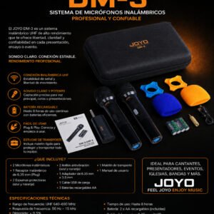 Joyo DM-3 – Sistema de Micrófonos Inalámbricos Duales UHF de Alta Fidelidad