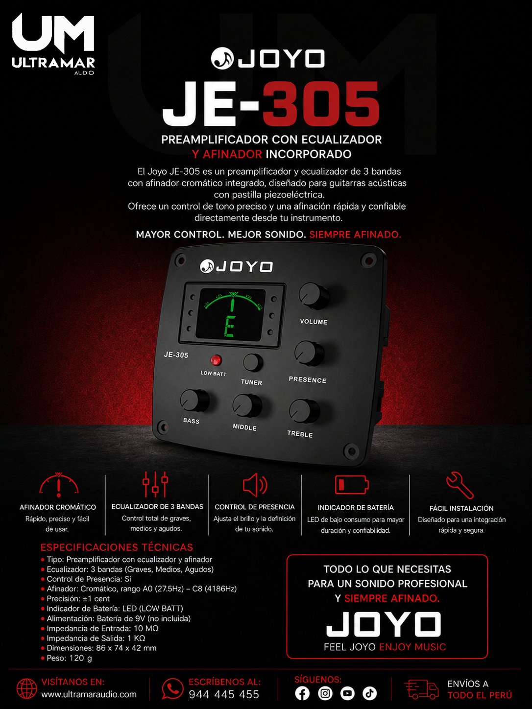 Joyo JE-305 – Sistema de Preamplificador y Ecualizador de 3 Bandas con Afinador para Guitarra Acústica