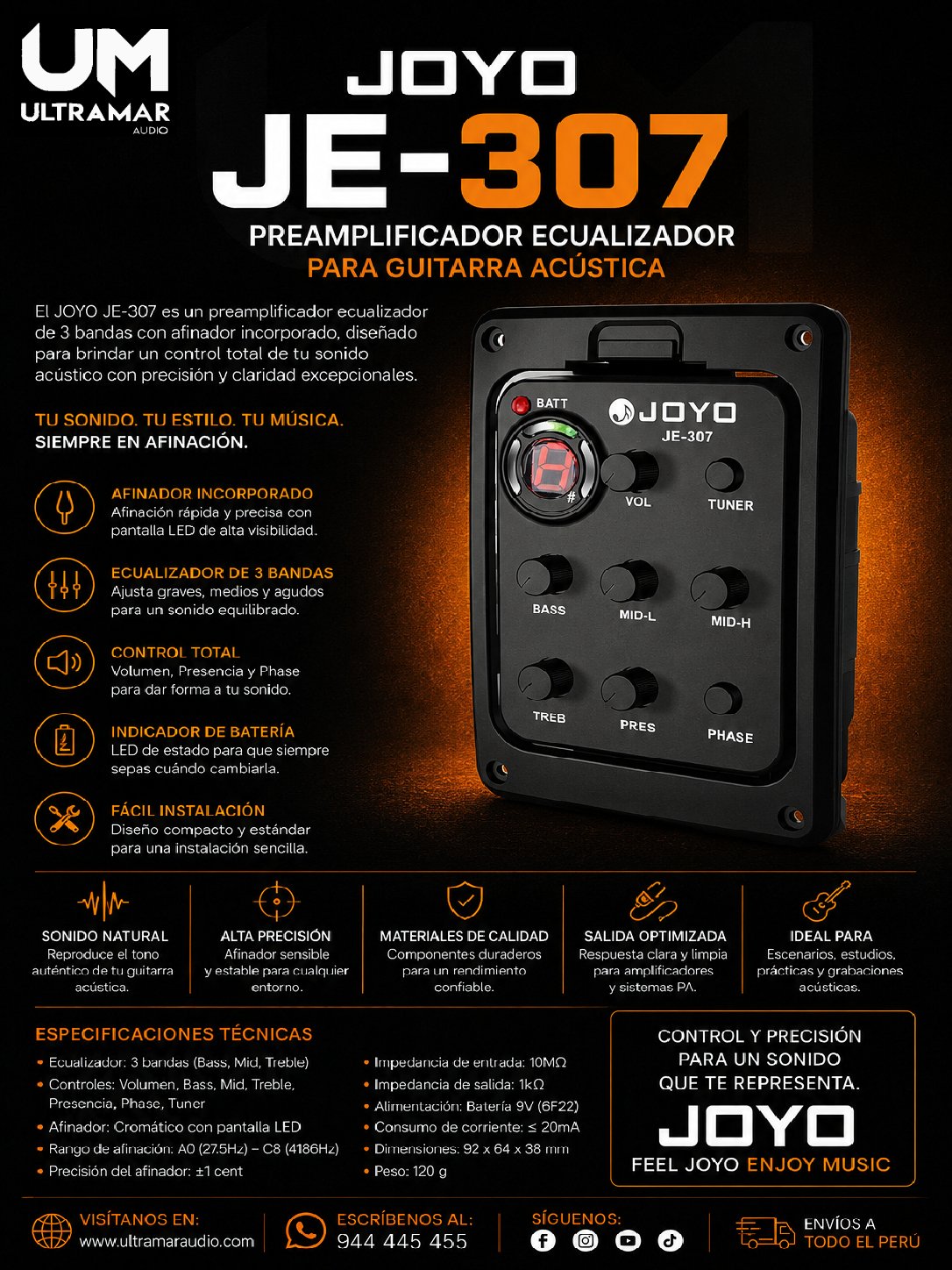 Joyo JE-307 – Sistema de Preamplificador y Ecualizador Activo de 4 Bandas con Afinador
