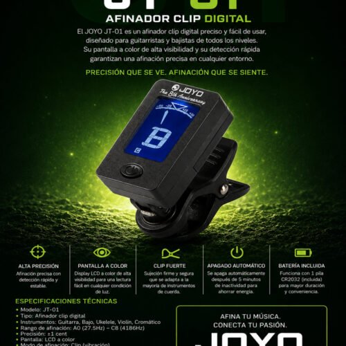 Joyo JT-01 – Afinador Digital Cromático de Clip para Guitarra, Bajo, Violín y Ukulele