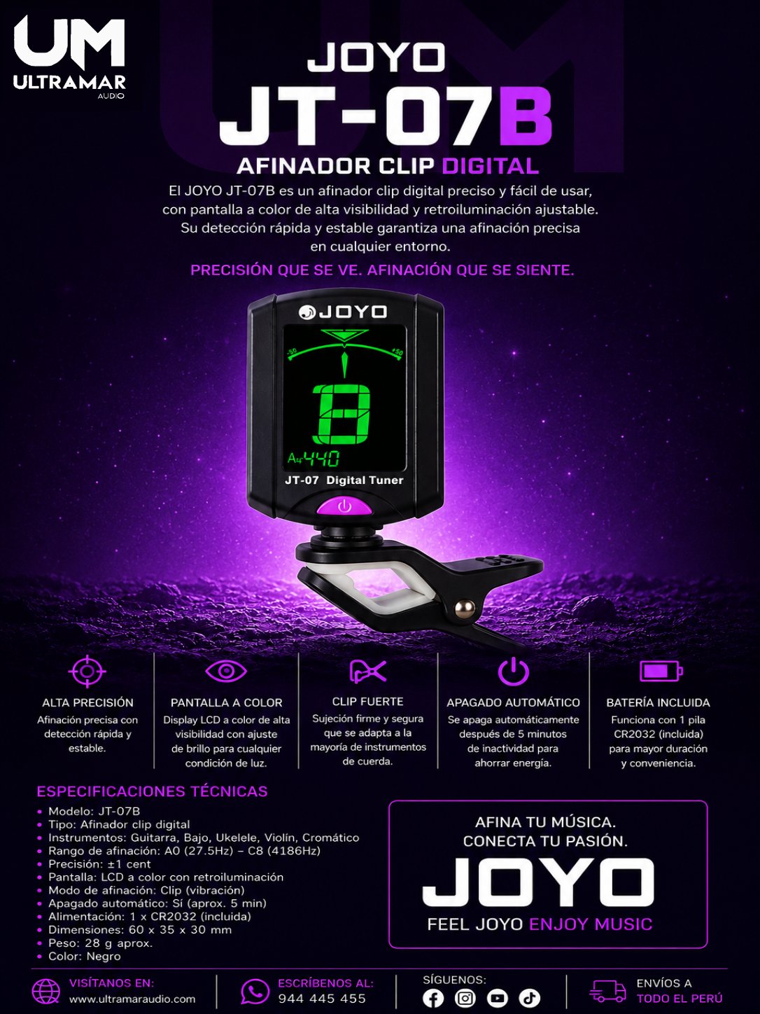 Joyo JT-07B – Afinador Digital de Clip de Alta Sensibilidad Especial para Bajo y Guitarra
