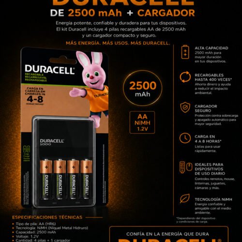 Duracell - Pilas Recargables de 2500 mAh + Cargador