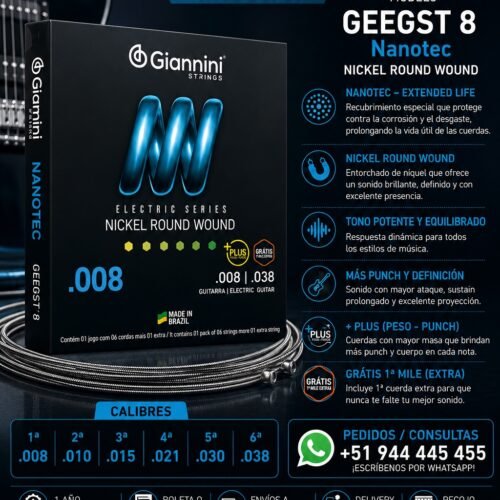 Giannini | GEEGST8 | Cuerdas Nickel Round Wound para Guitarra Eléctrica .008-.038