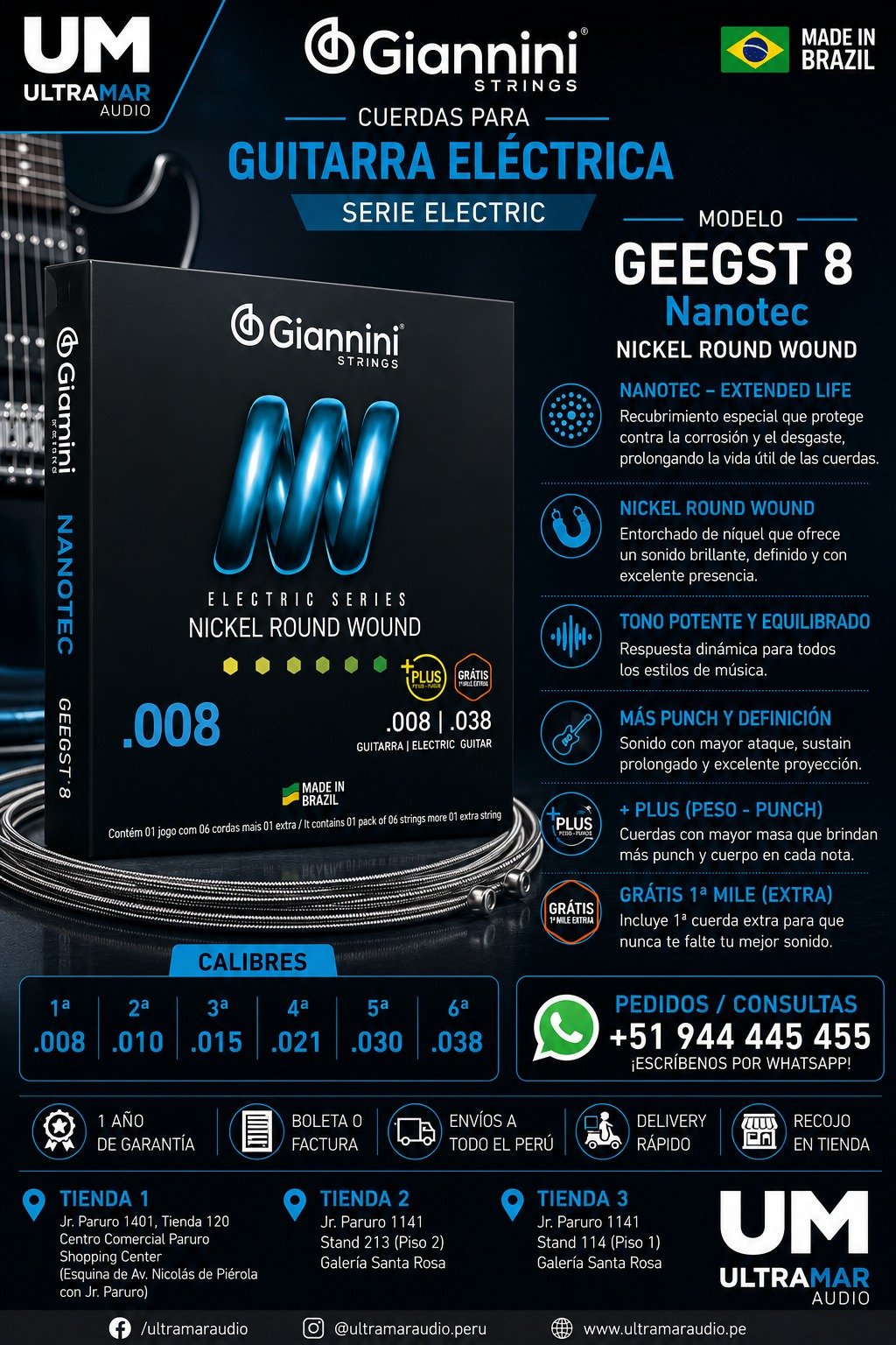 Giannini | GEEGST8 | Cuerdas Nickel Round Wound para Guitarra Eléctrica .008-.038