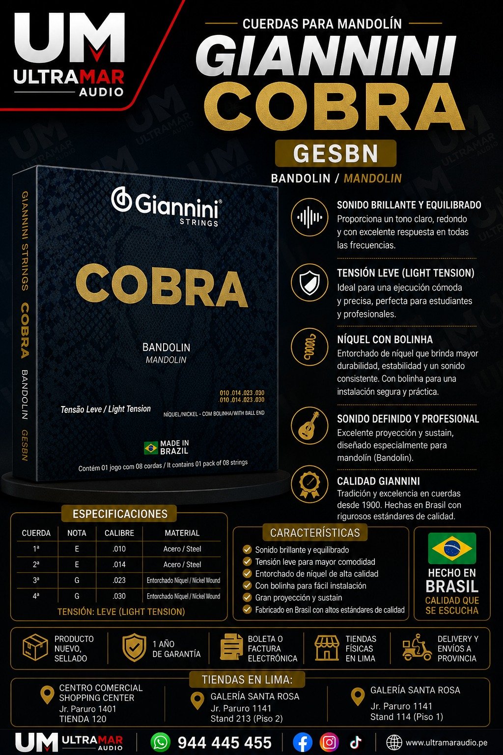 Giannini | GESBN | Cuerdas Cobra para Bandolina de Acero Tensión Ligera