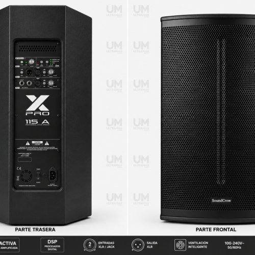 SoundCrow XPRO 115A parlante activo profesional de 15 pulgadas con DSP de 24 bits, gabinete de madera y amplificación Clase D de 750W RMS.