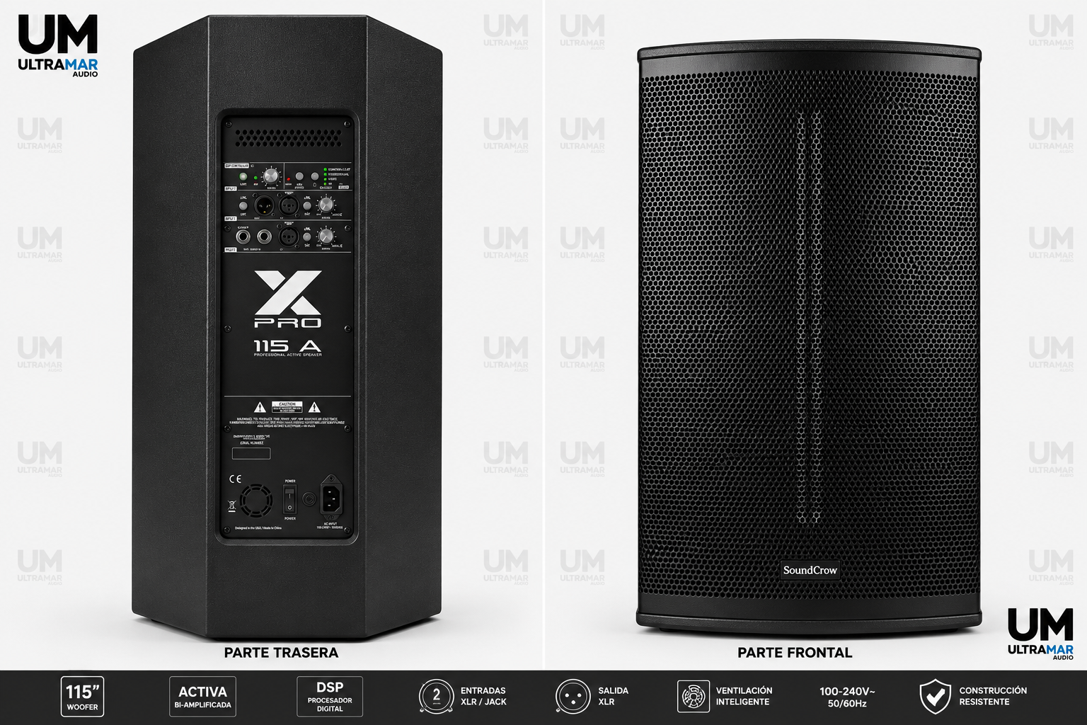 SoundCrow XPRO 115A parlante activo profesional de 15 pulgadas con DSP de 24 bits, gabinete de madera y amplificación Clase D de 750W RMS.
