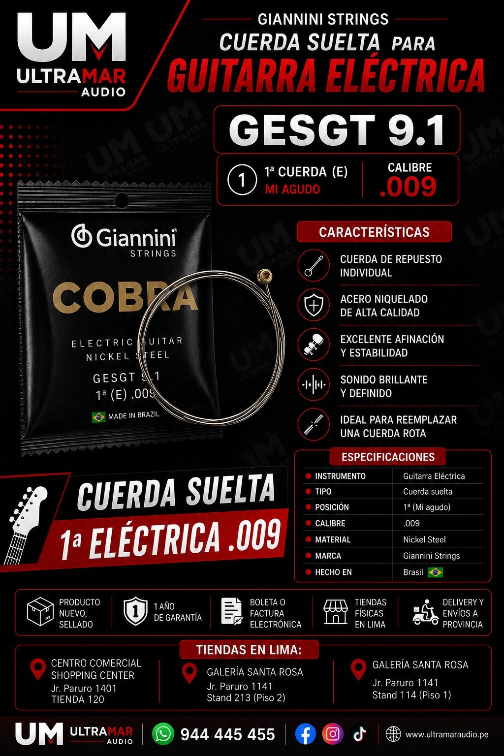 Giannini GESGT9.1 | Primera Cuerda para Guitarra Eléctrica Calibre .009
