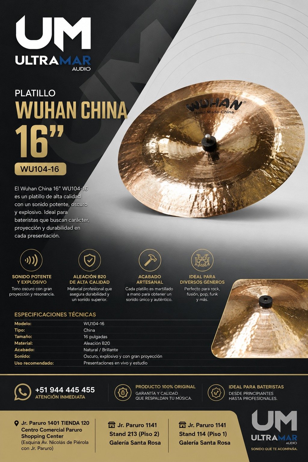 Wuhan China 16" WU104-16 | Platillo China Western Series para Batería - Imagen 3