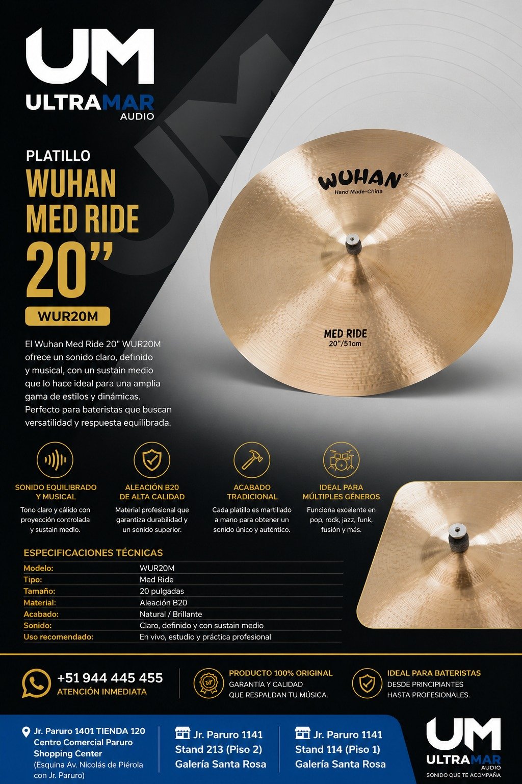 Wuhan Med Ride 20" WUR20M | Platillo Ride Western Series para Batería - Imagen 2